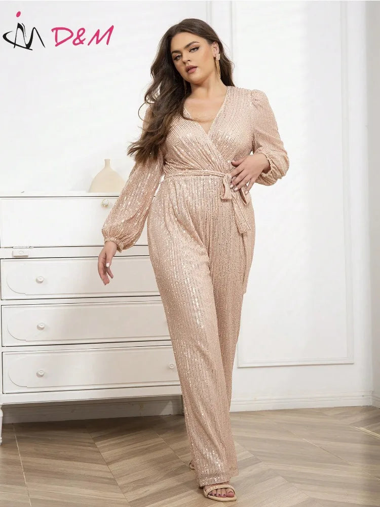 DM Brand Plus Size Women's Overalls Champagne Sequined Long Sleeves V-neck Waisted Lace-up Women Jumpsuit Long Elegant LUXLIFE BRANDS