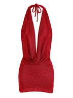2026 Women New Year Bright Silk Dresses Sexy Stacked V Halter Neck Backless Knit Beach Mini Dress Summer Swimsuit Cover Up K145 Luxlife Brands