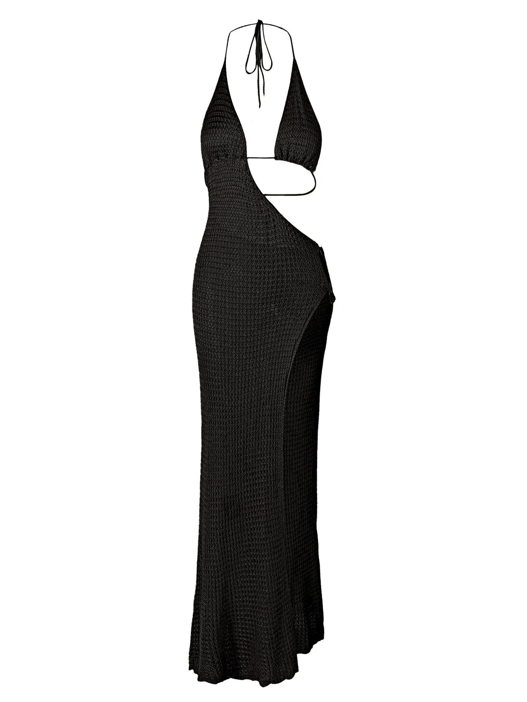 Sexy Slim Low-cut Tie Knit Halter Cut Out Circle Decoration High Slit Beach Maxi Dress 2025 Women Summer Swimsuit Cover Up K88 Luxlife Brands
