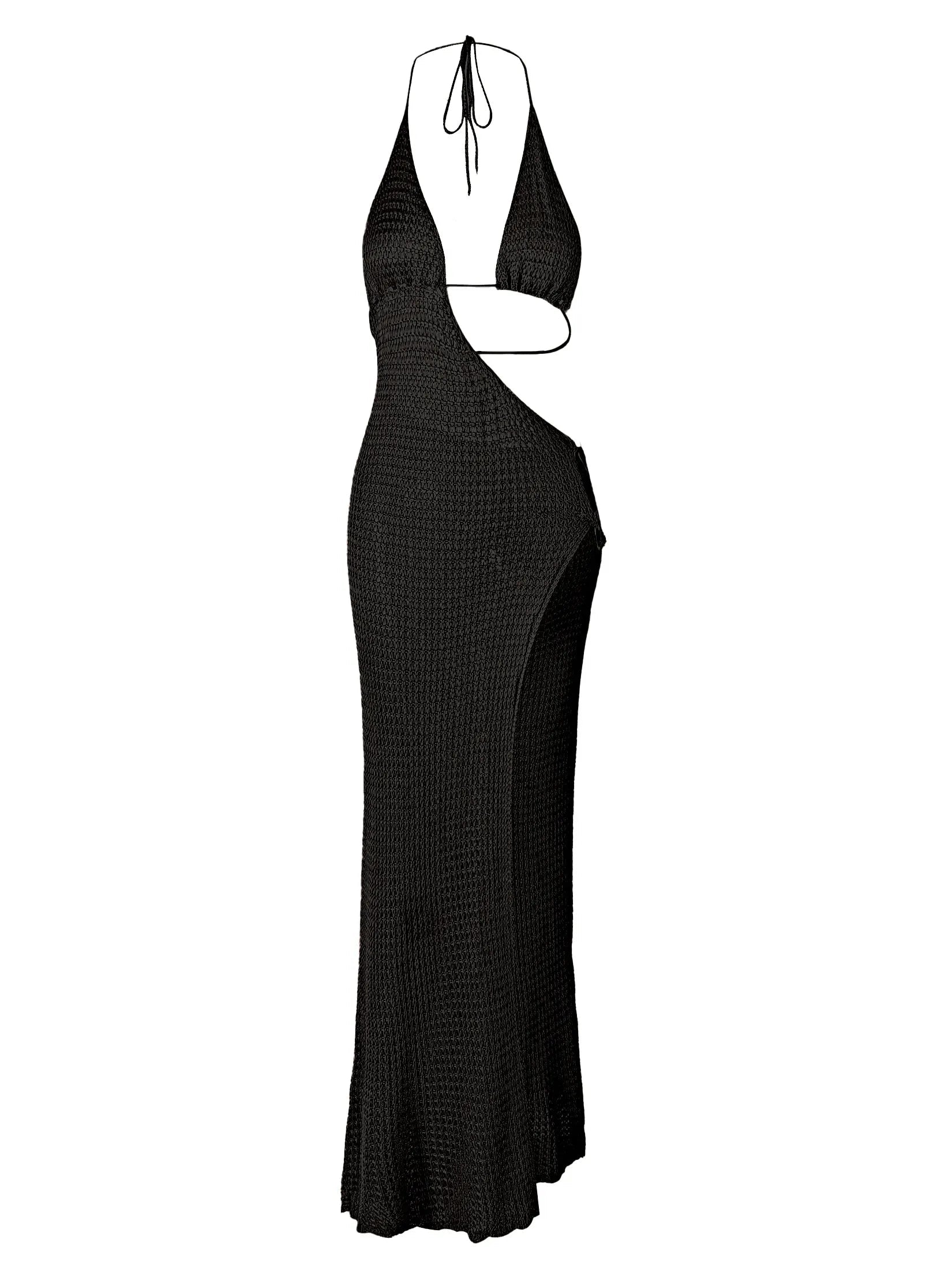 Sexy Slim Low-cut Tie Knit Halter Cut Out Circle Decoration High Slit Beach Maxi Dress 2025 Women Summer Swimsuit Cover Up K88 Luxlife Brands