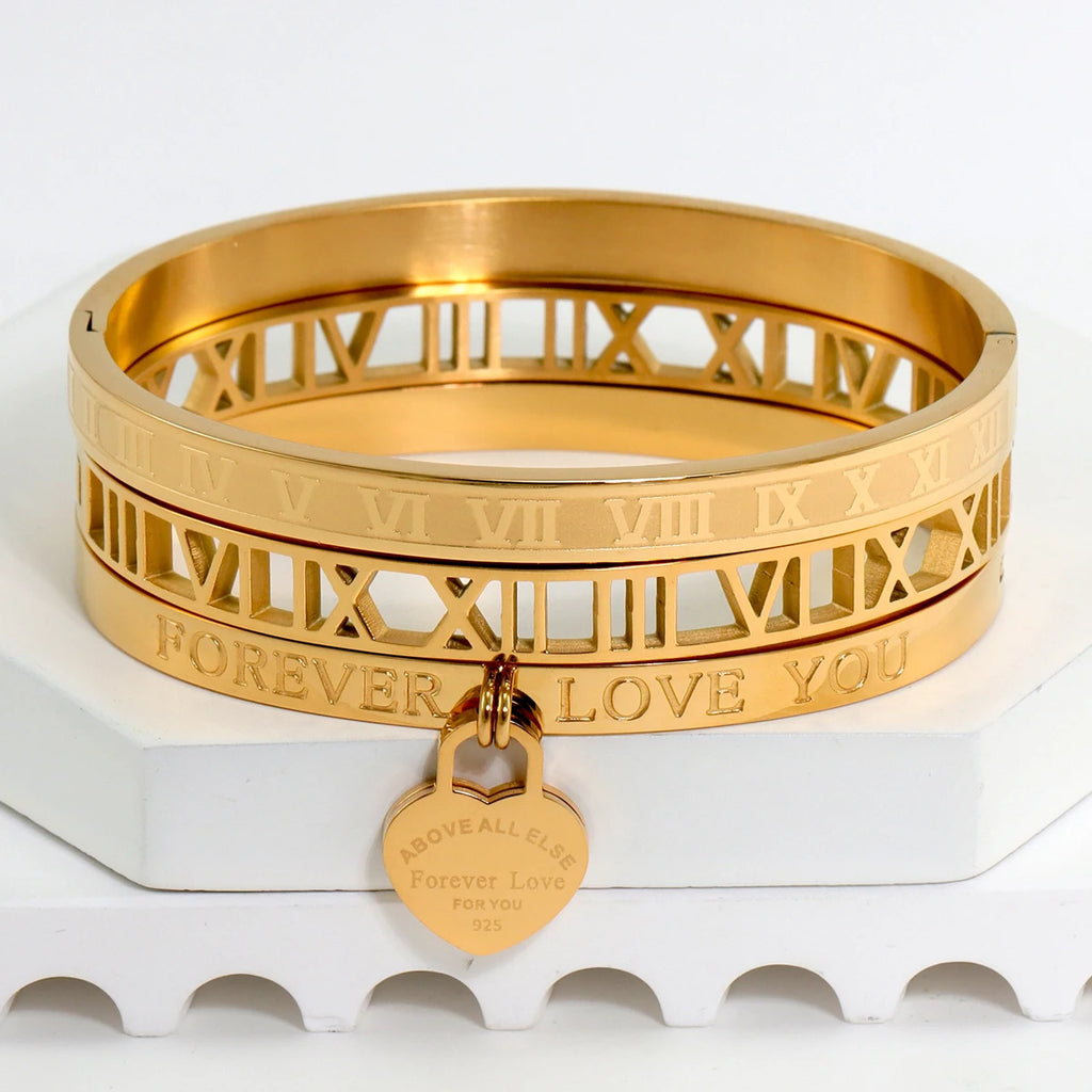 3Pcs/Sets Stainless Steel Hollow Roman Heart Bracelet for Women Leisure Wedding Jewelry Party Holiday Valentine's Day Gift