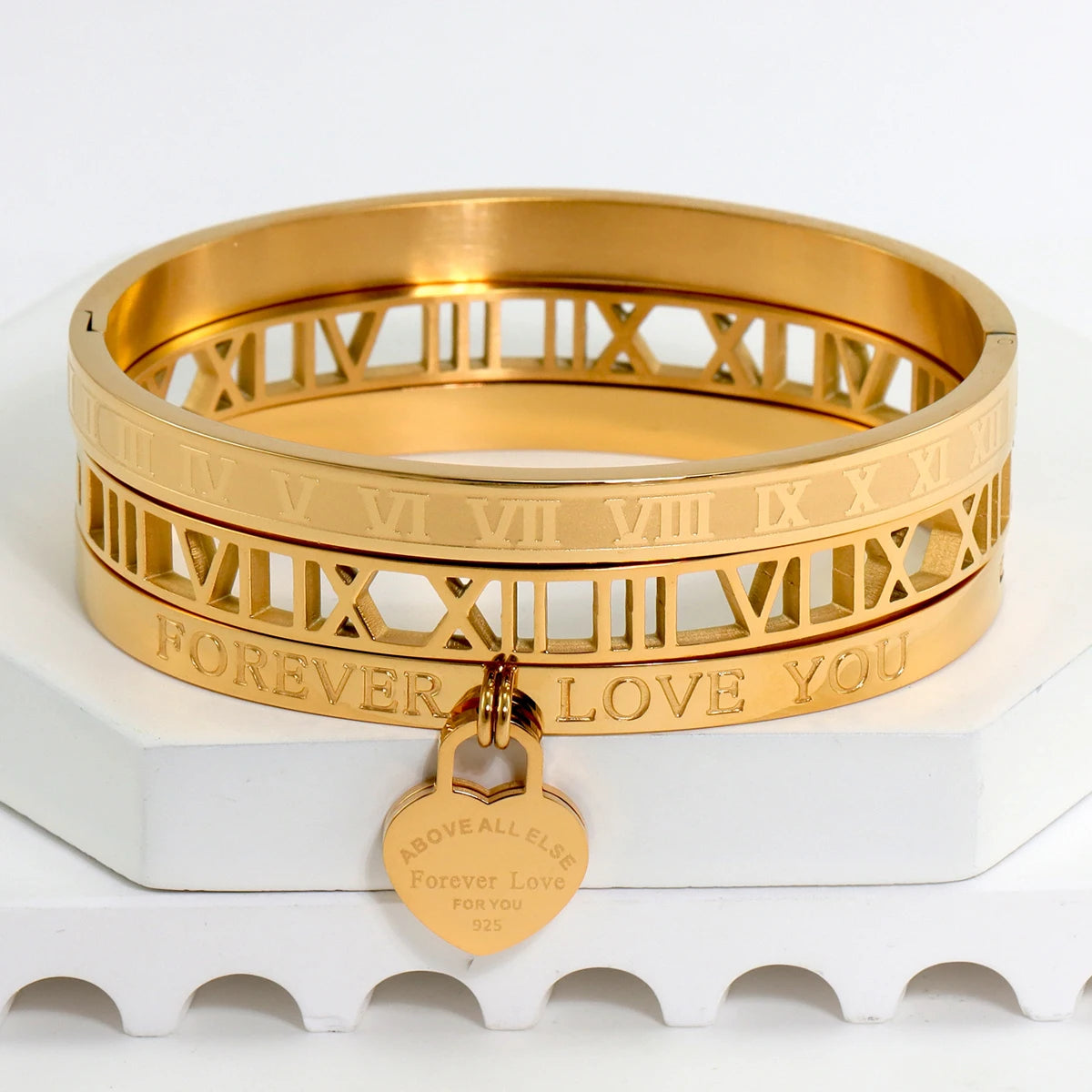 3Pcs/Sets Stainless Steel Hollow Roman Heart Bracelet for Women Leisure Wedding Jewelry Party Holiday Valentine's Day Gift