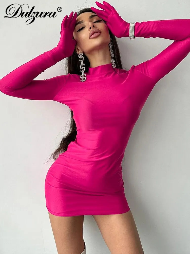 Dulzura Solid Long Sleeve With Gloves Mini Dress Bodycon Sexy Streetwear Party Half Turtleneck Outfits Y2K Clothes Wholesale LUXLIFE BRANDS