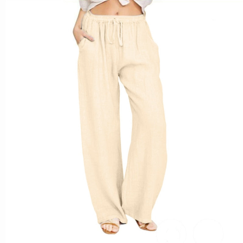 Women Cotton Linen Pants 2023 Autumn Vintage Solid Elastic Waist Loose Straight Trousers Female Casual Drawstring Wide Leg Pants