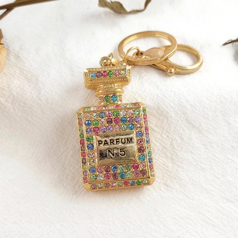 Crystal Keychain With Shiny Rhinestone Keyrings Perfume Bottle Shape Pendant For Lady Girls Bag Wallet Hanging Ornament Gifts LUXLIFE BRANDS