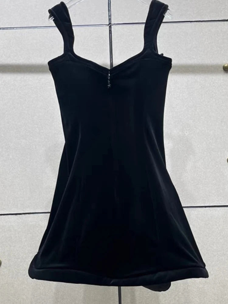 DEAT 2024 Spring Fashion Square Collar Dress Women's Sleeveless Velvet Solid Color Zipper Split Dresses Female New 11XX8165