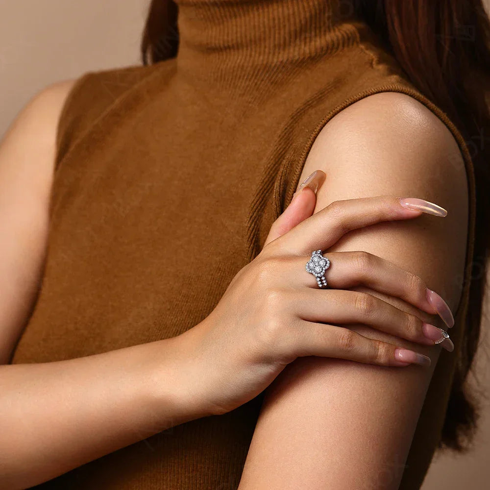 Four Leaf Moissanite 18k White Gold Plated Diamond Ring