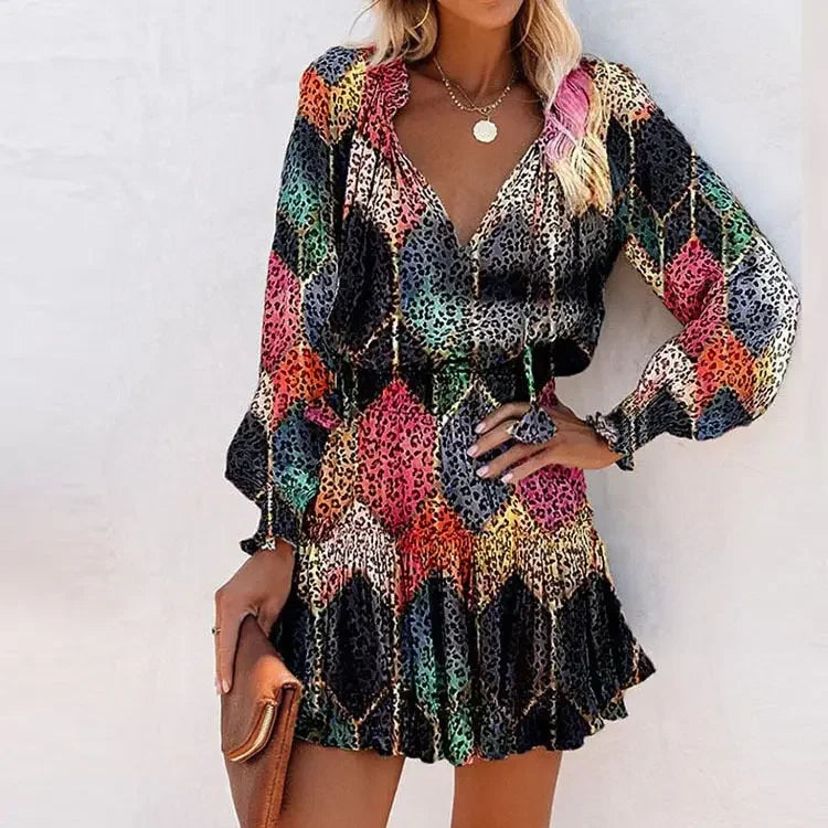 Women's Dresses 2023 Spring Fashion Floral Print Long Sleeve V Neck Casual Lantern Sleeve Ruffle Mini Waist Dress
