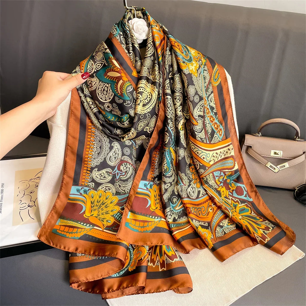 180*90cm Luxury Brand Women Summer Silk Scarves Shawls Lady Wraps Soft Female Geometry Beach Stole Bandanna Foulard Muffler