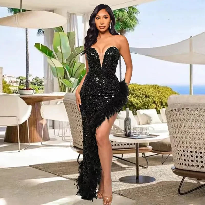 Sequin & Feather Cocktail Party Dress Luxlife Brands