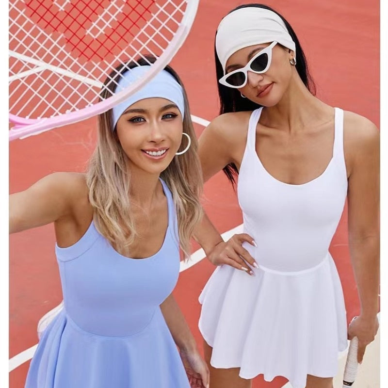 One-piece Tennis Dress Shockproof Gather Antiempty Running Cycling Outdoor Fitness Yoga Clothes Sport Dresses Women Beach Tennis