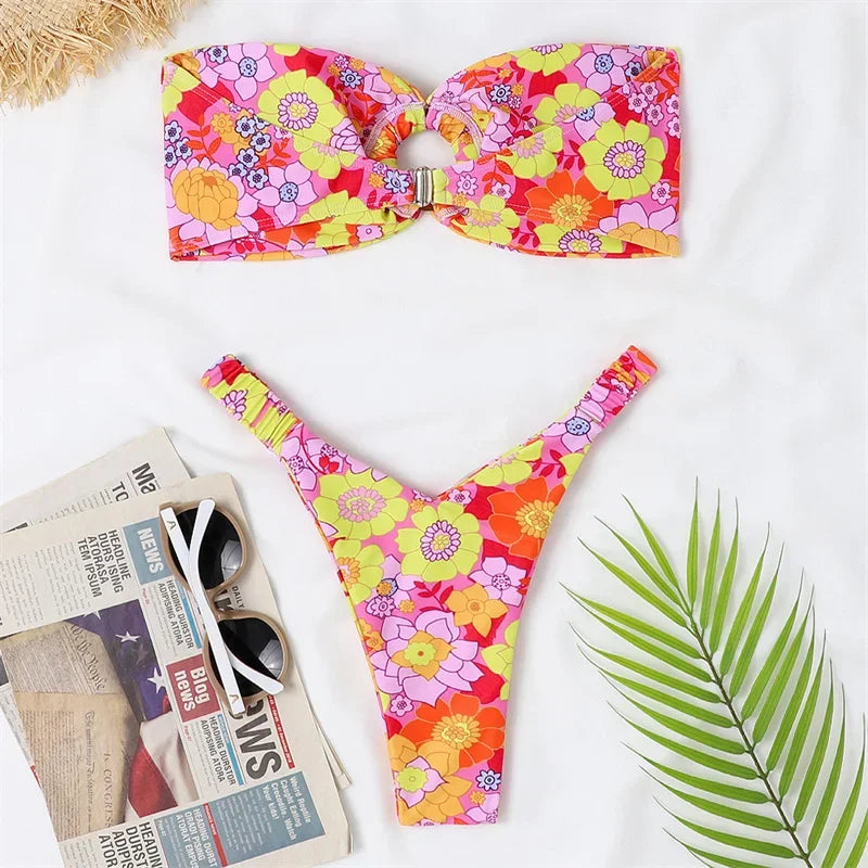 Para Praia Print Bandeau Swimsuit 2023 Sexy Thong Swimwear Women Brazilian Bikini Set Strapless Biquini Beachwear Bathing Suit LUXLIFE BRANDS