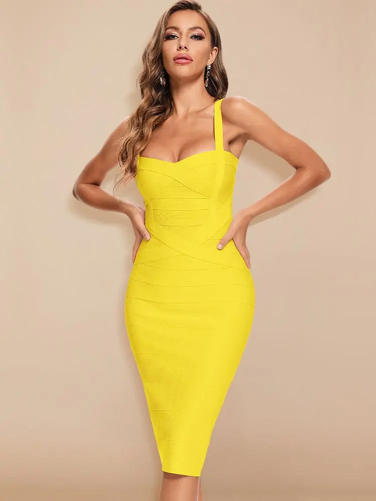 BEAUKEY 2023 Women's Sexy Midi Bandage Dress Royal Blue Spaghetti Strap Bodycon Club Party Yellow Dresses Vestidos Maxi XL