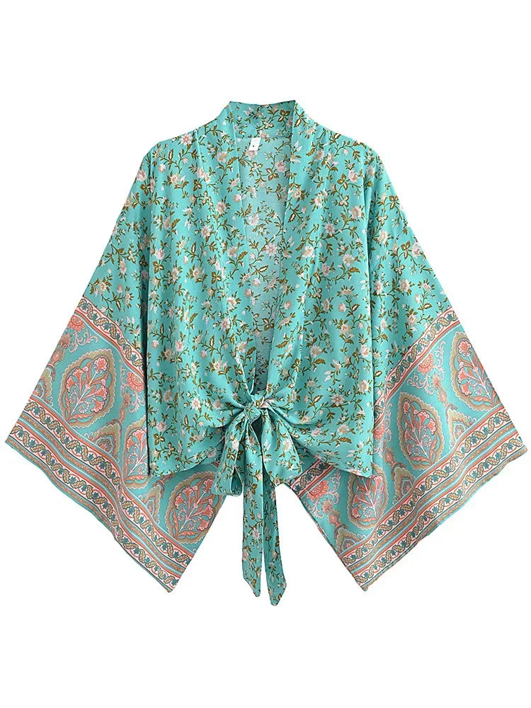 Vintage Boho Kimono Short Robe Bikini Cover Up