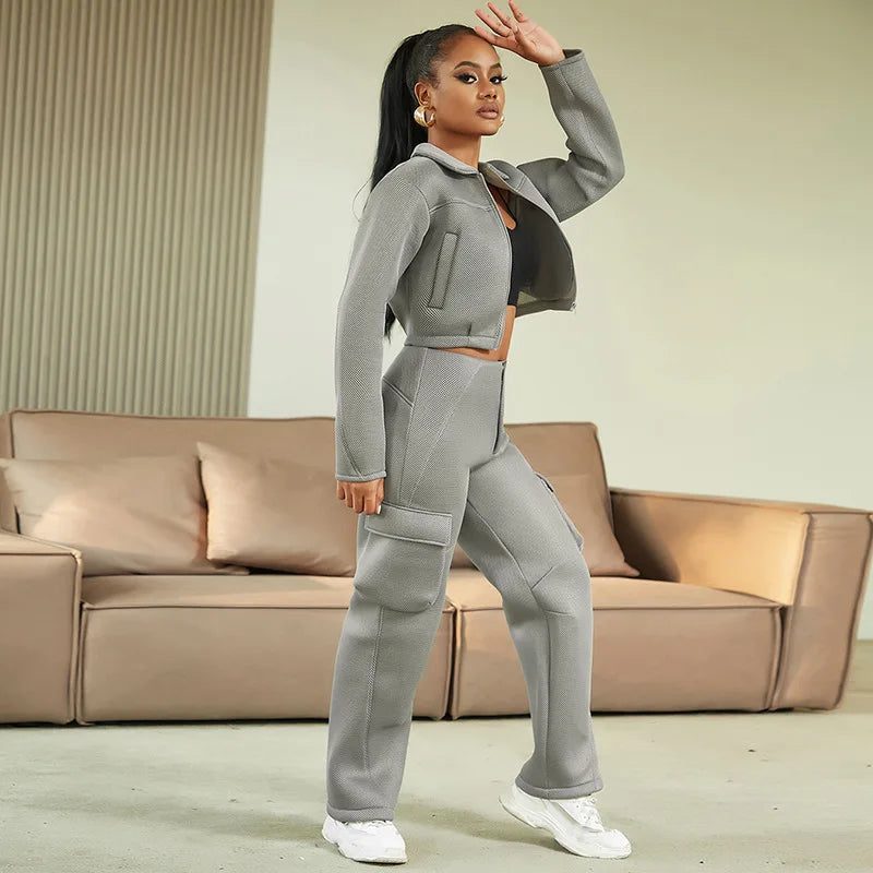 Fashion Women 2 Piece Grid Jacket Cargo Pants Sets Tracksuits Zipper Cropped Jacket Big Pockets Straight Pants Two Piece Outfits