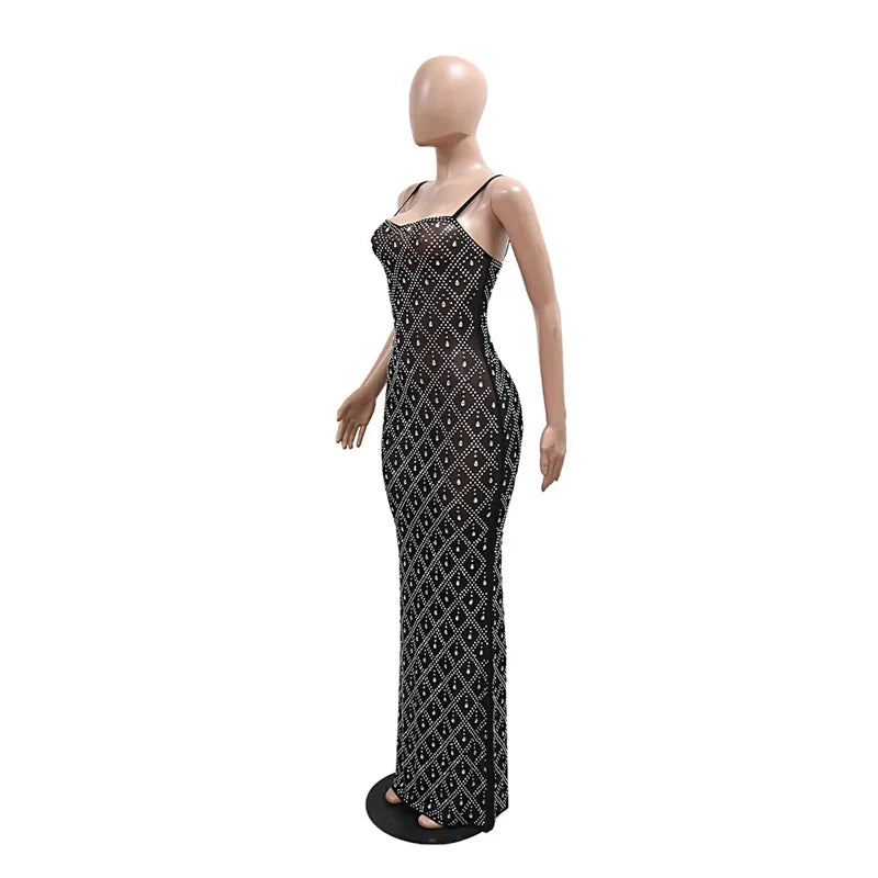 New Fashion Black See Through Mesh Diamonds Sexy Long Party Dresses Women Spaghetti Strap Bodycon Rhinestone Night Club Dress