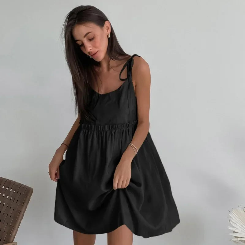 Cotton Linen Suspender Dress Spring and Summer Women's Beach Style Fake Casual Loose Soft Ruffled Edge A-line Suspender Dress