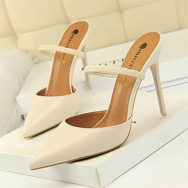 Summer Retro Simple Women Shallow Mouth Thin High Heels Mules Slingbacks Slippers Pointed Toe Hollow Wedding Slip On Pumps Shoes