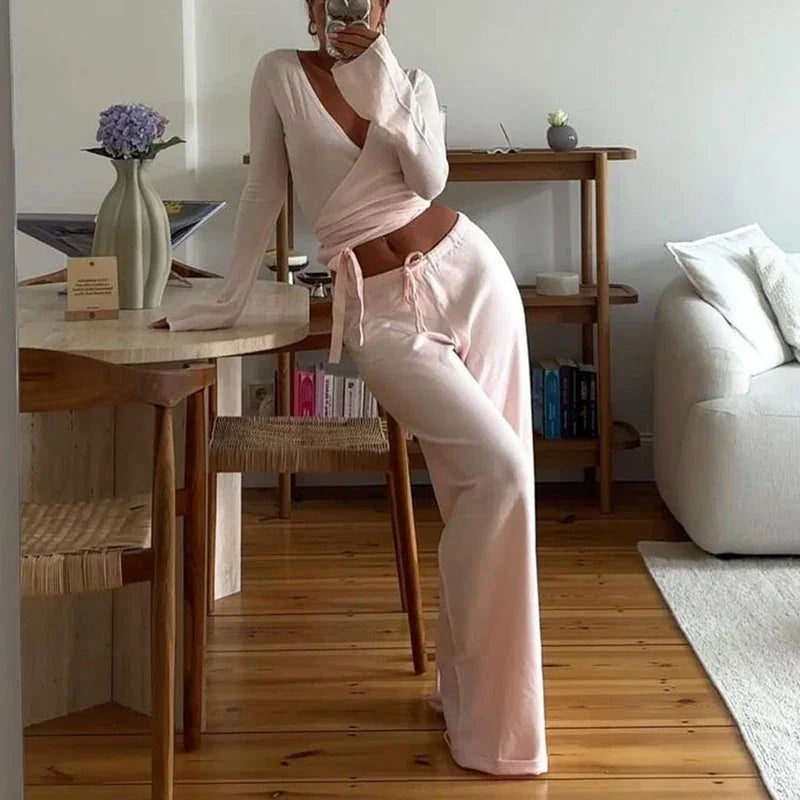 Casey Lounge V Neck Waist Tie T-shirt + Elastic Waist Pants