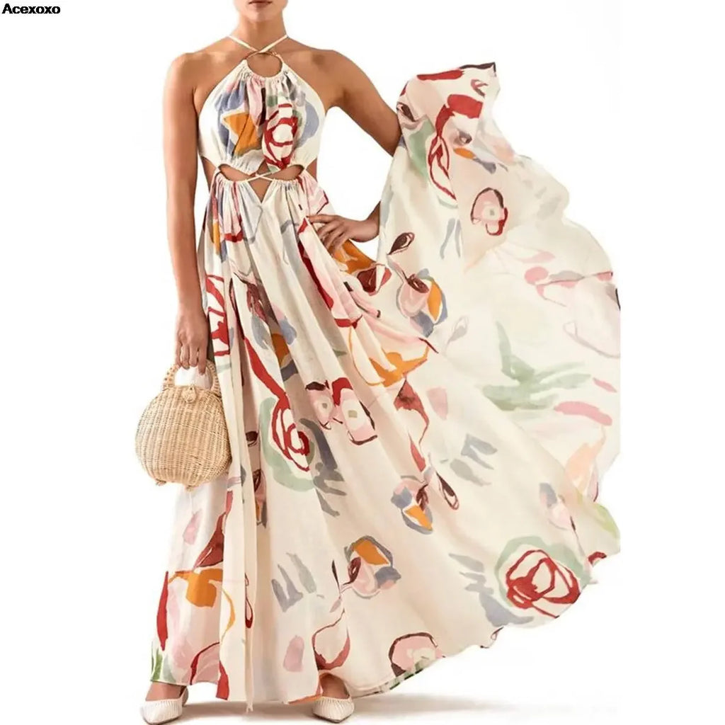 2023 summer new women's fashion casual sexy halter print slim beach dress