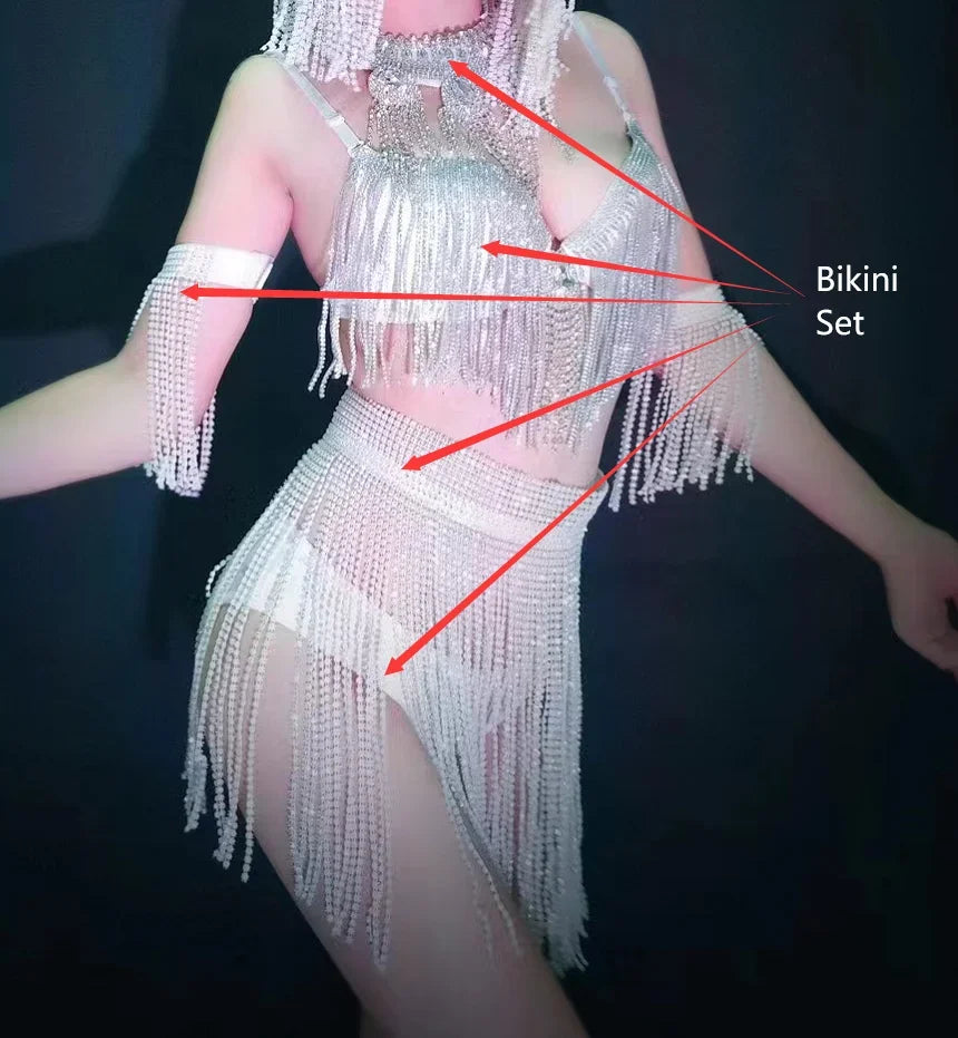 Luxury Crystal Tassel Bikini & Wig Performance Set – Premium Showgirl Stage Costume for GoGo Dancers, Nightclub DJs & Rave Outfits