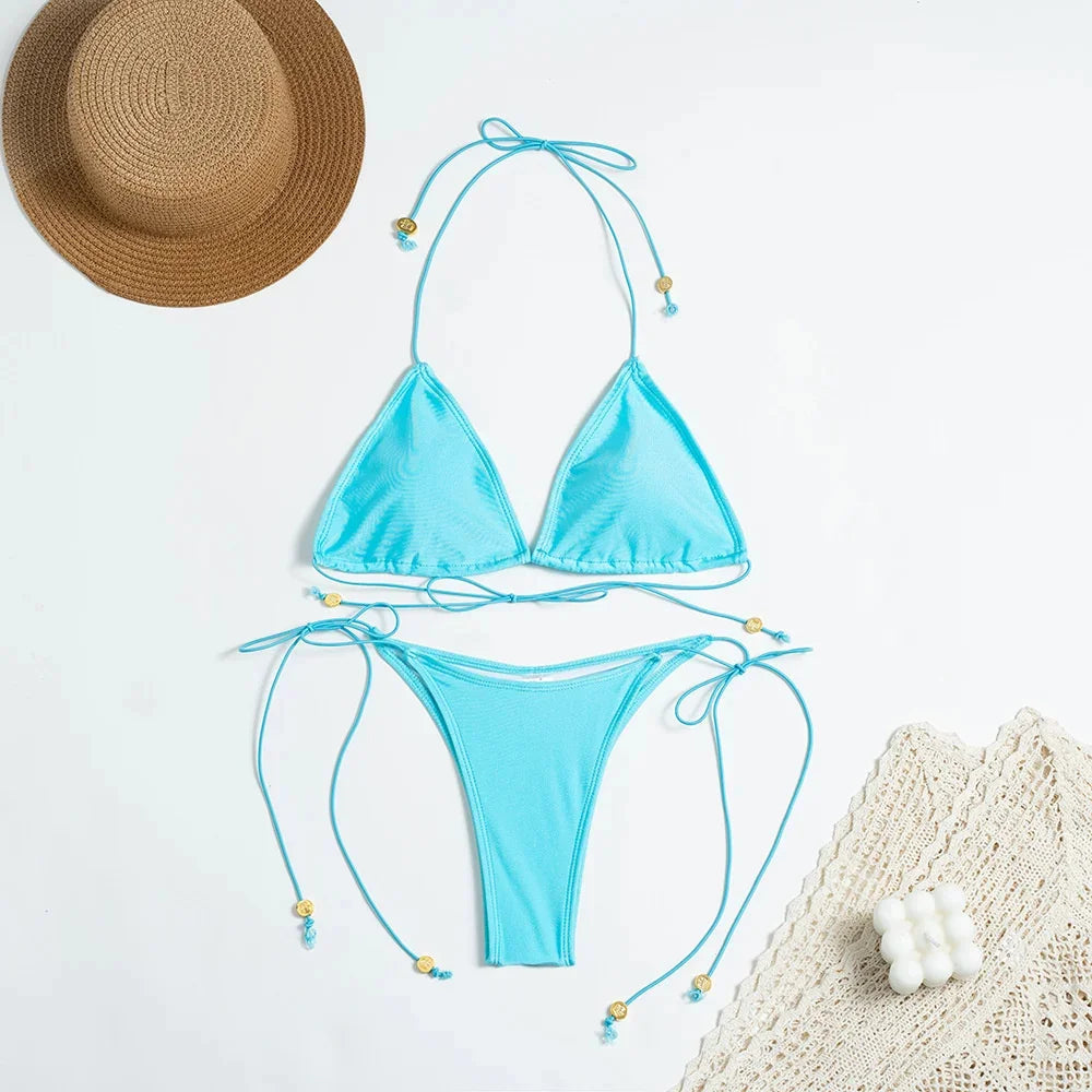 2025 Swimsuits Solid Color Bikini Set Bandage Swimwear Triangle Bathwear New Bathsuit Sexy Bikinis Women's Two Piece Suit Luxlife Brands