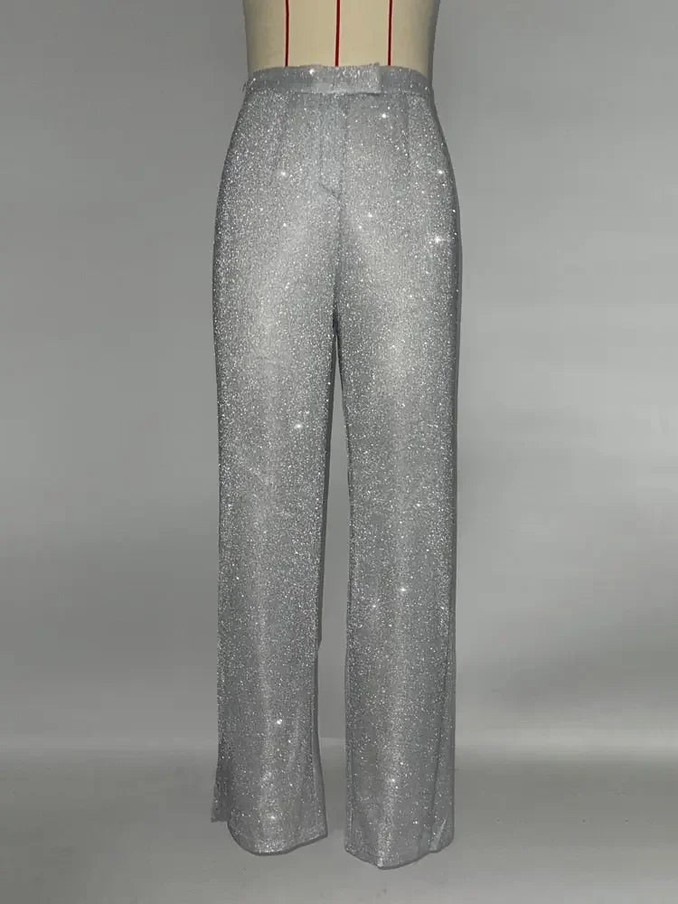 Tossy Glitter Silver Party Two Piece Pants Set Women Club Night Outfits Fashion Sparkly Blazer Matching Sets Femme Tracksuit