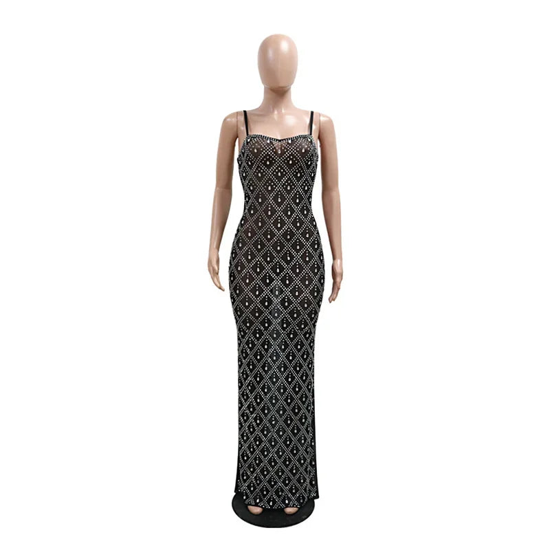 New Fashion Black See Through Mesh Diamonds Sexy Long Party Dresses Women Spaghetti Strap Bodycon Rhinestone Night Club Dress