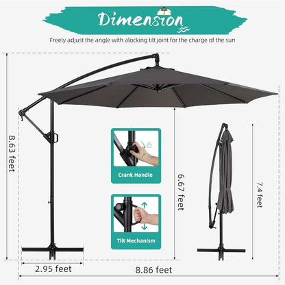 Patio Offset Umbrella w/Easy Tilt Adjustment,Crank and Cross Base, Outdoor Cantilever Hanging Umbrella with 8 Ribs, 95% UV