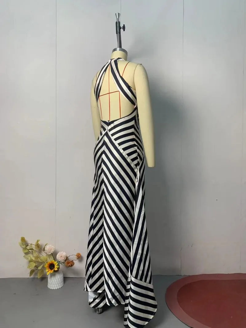 Summer Women Stripe Guest Mermaid Dress Elegant Halter Backless Corset Slim Cocktail Party Evening Celebrity Dress Prom Gown Luxlife Brands