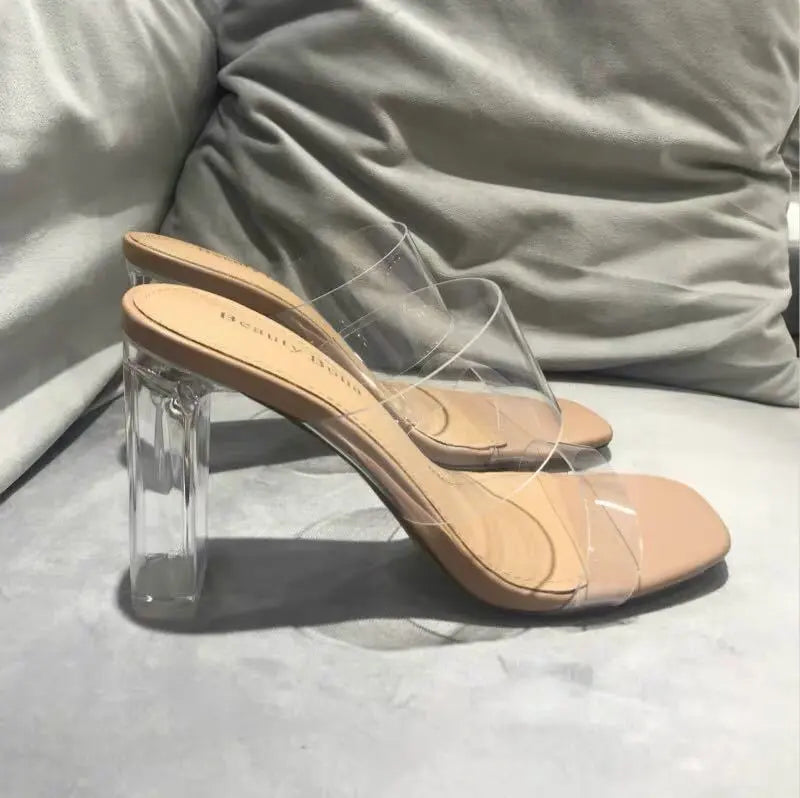 Women Sandals Summer Fashion Luxury New Beach Ladies Clear Sandal Comfortable High Heels Woman Transparent Medium Heel Shoes
