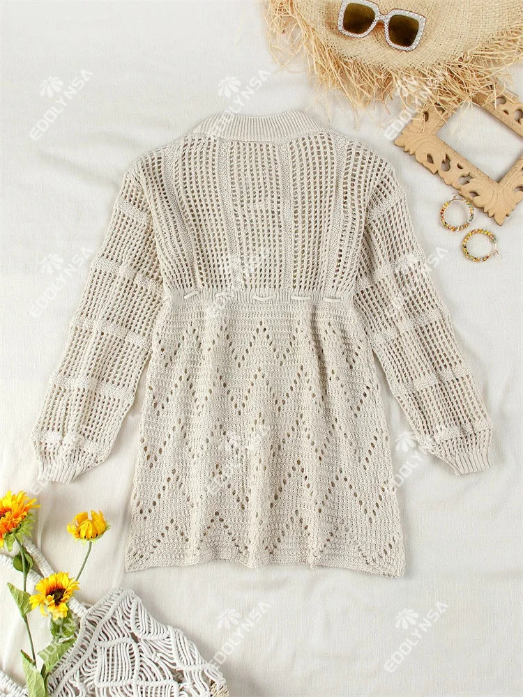 Sexy Deep V-neck Lace-up Bell Sleeve Knit Mesh Hollow Out Beach Mini Dress 2025 Summer Swimsuit Cover Up Women Casual Tunic K14 Luxlife Brands