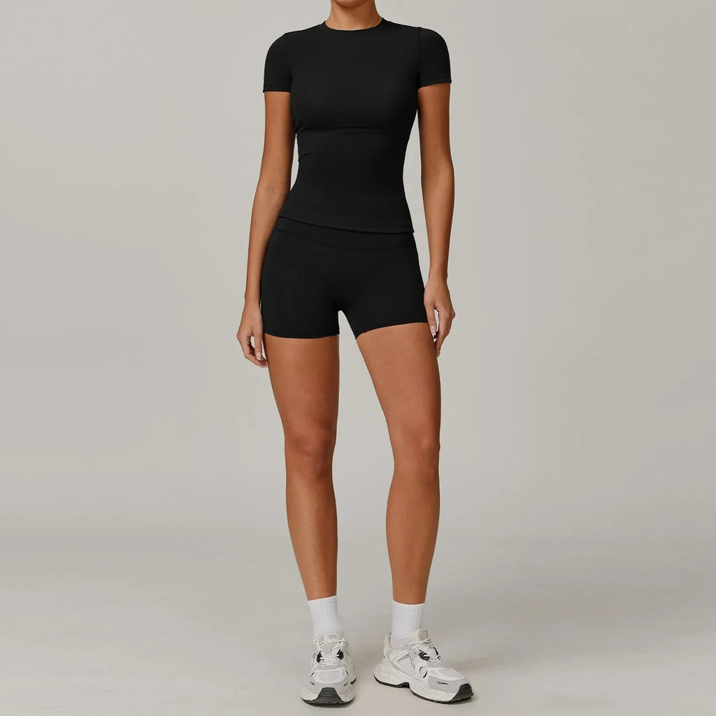 Hearuisavy Women 2 Piece Sport Pants Set Gym Sportswear Workout Short Sleeves Female Push Up Yoga Pants Running Fitness Clothing