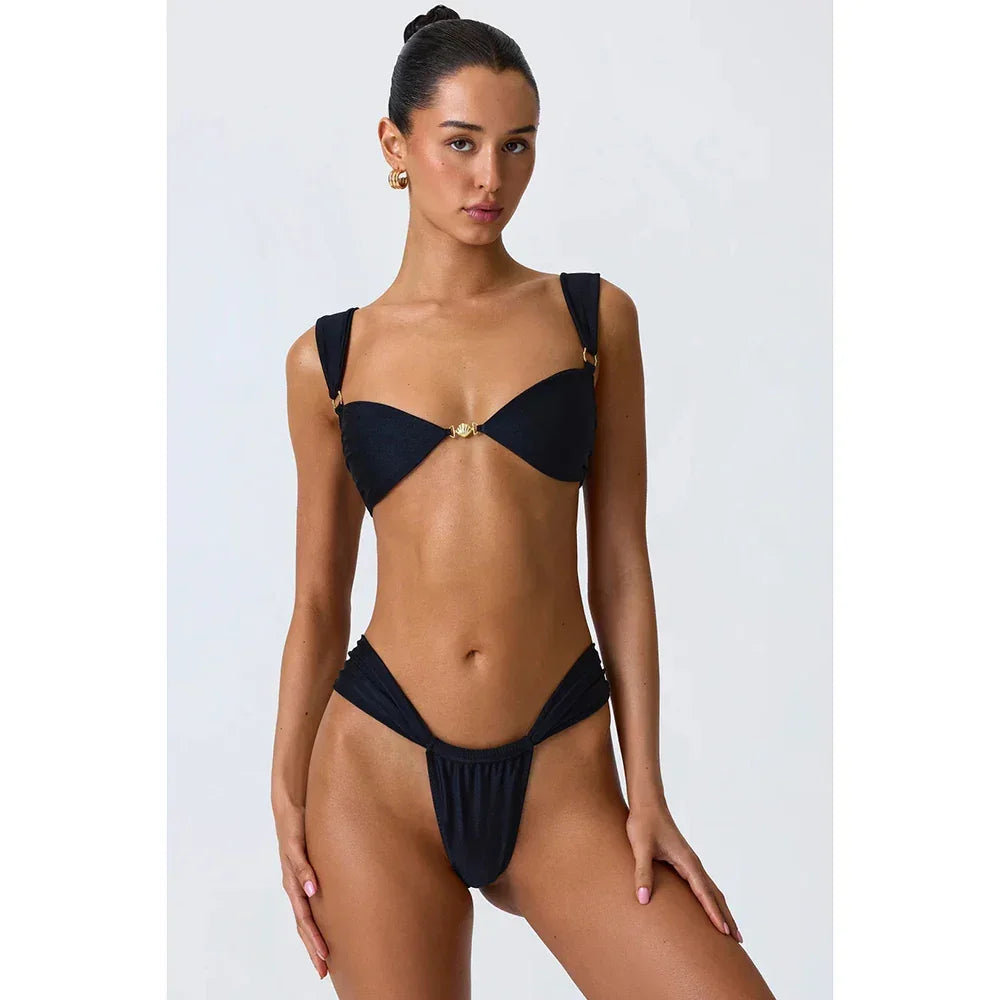 2024 New Sexy Bikinis Solid Push UP Swimwear Women Swimsuit Brazilian Bikini Set Hollow Out Beachwear Thong Biquini Female