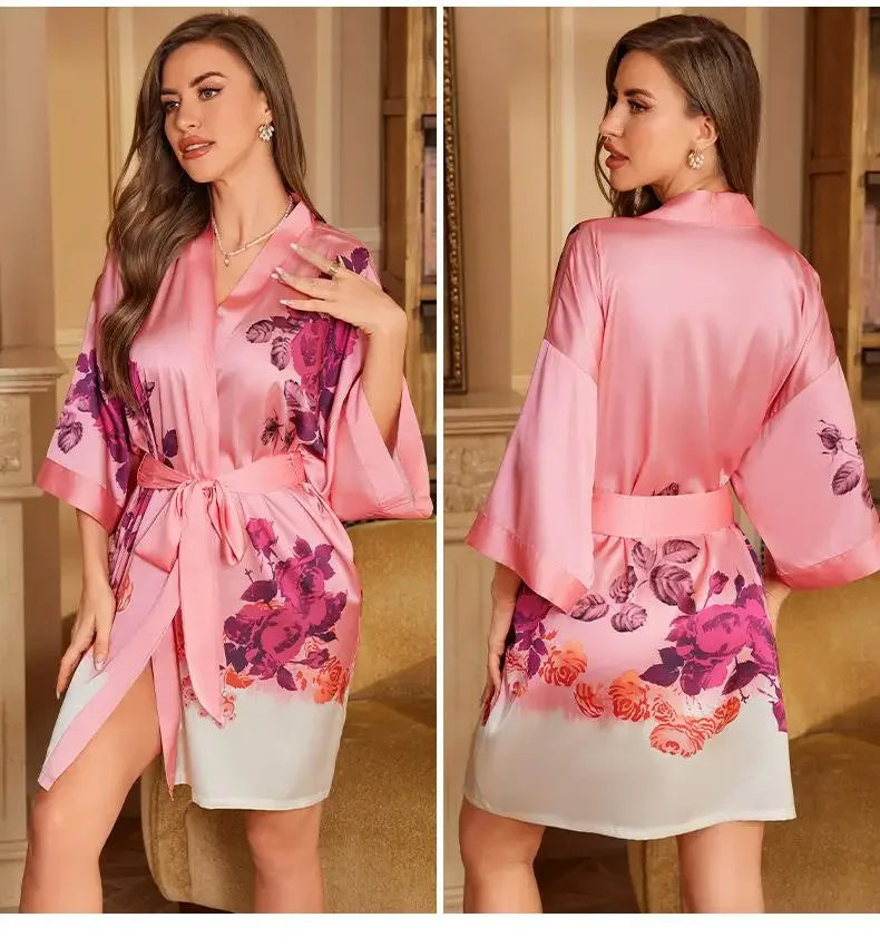 Female Robe Nightgown Summer Satin Sleepwear Loungewear Silky Printing Kimono Bathrobe Gown Yukata Sexy Casual Nightwear