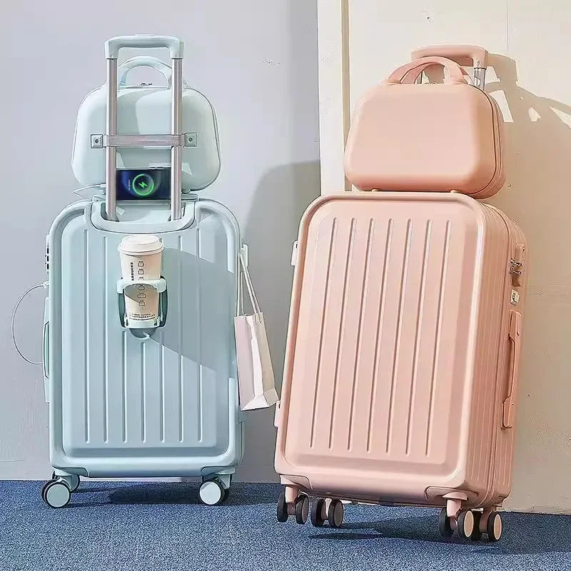 Large Pastel Suitcase With USB Charging Port & Cup Holder