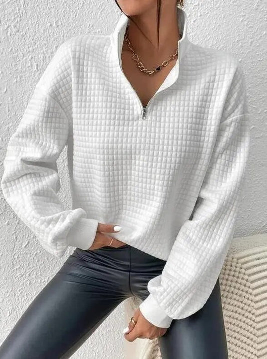 Female Clothing T-Shirts Pullover Tops Turn-Down Collar Zipper Design Waffle Knit Sweatshirt 2023 Autumn Spring Fashion Casual LUXLIFE BRANDS