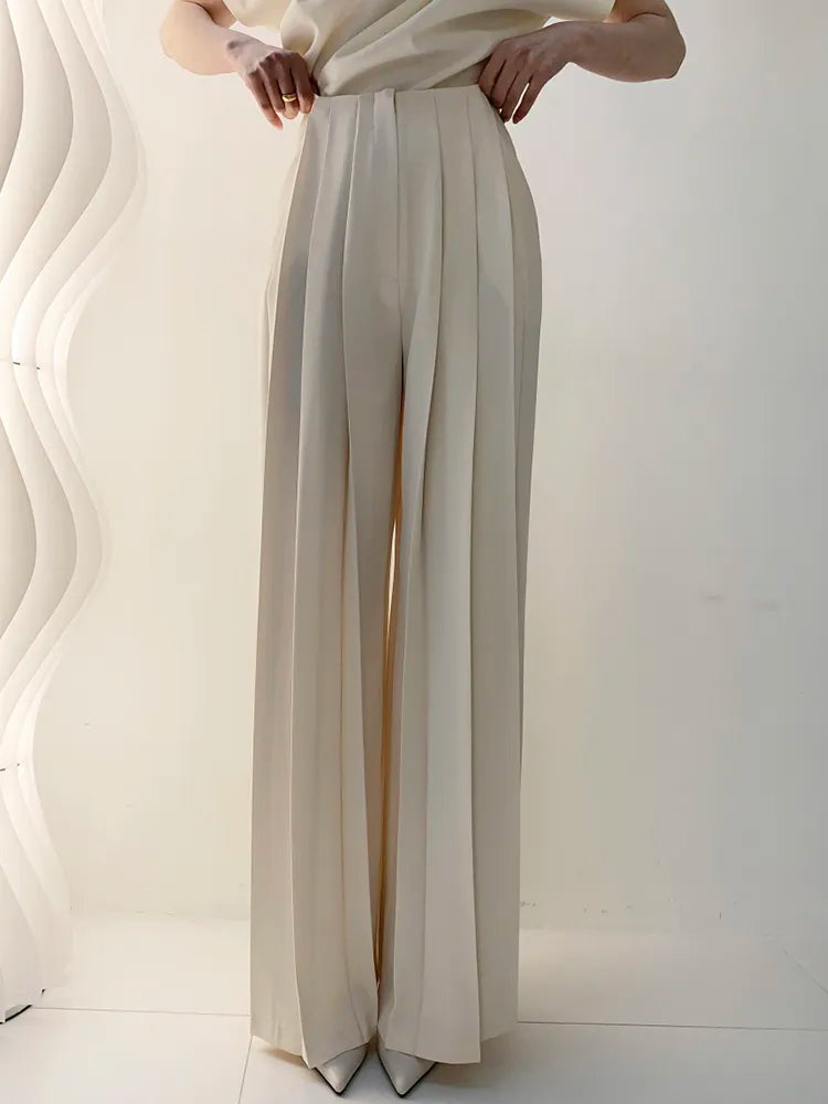 GALCAUR Casual Summer Wide Leg Pants For Women High Waist Ruched Solid Minimalist Trousers Female Fashion Clothes Style New 2022