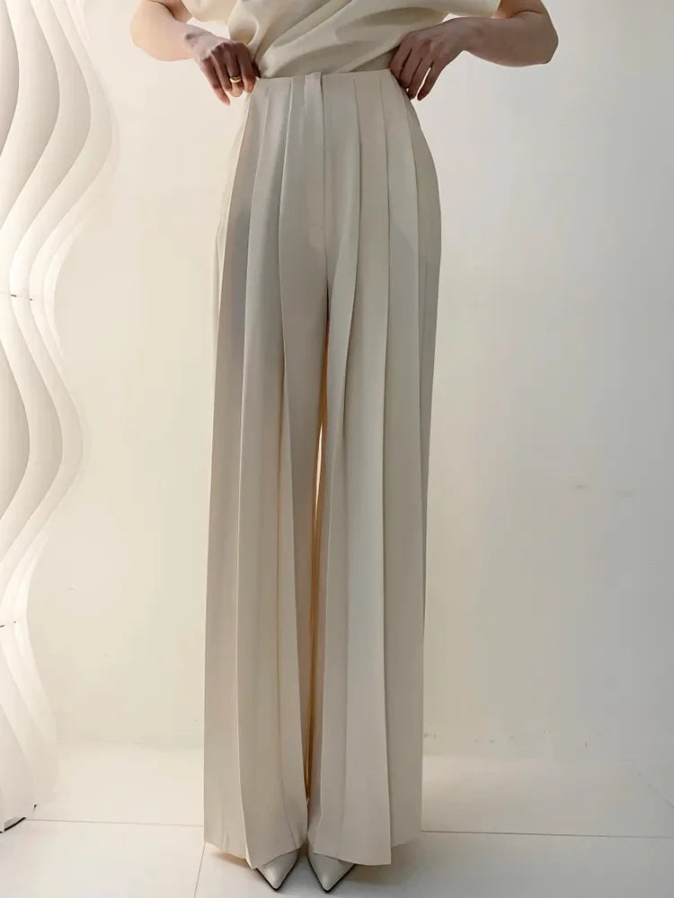 GALCAUR Casual Summer Wide Leg Pants For Women High Waist Ruched Solid Minimalist Trousers Female Fashion Clothes Style New 2022 LUXLIFE BRANDS