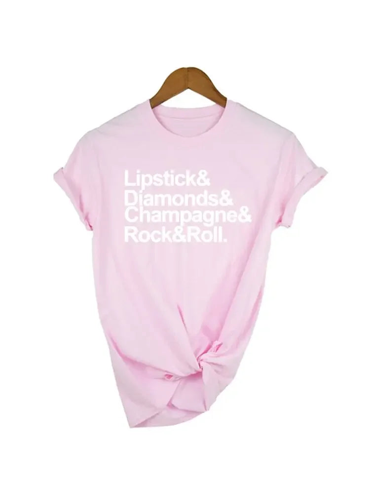 Lipstick Diamonds Champagne Rock and Roll Women Shirts Streetwear Short Sleeve Casual O-Neck T-shirt Tumblr Tops Tee tshirts