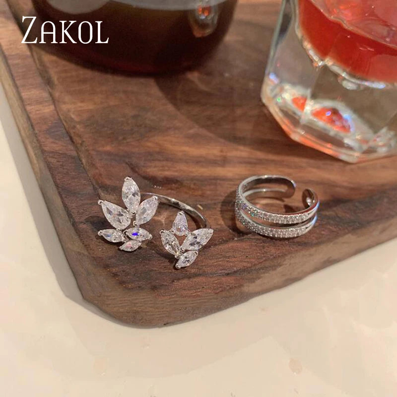 ZAKOL Korea Shiny Cubic Zircon Leaf Shape Open Rings for Women Fashion Geometry Crystal Finger Ring Anillos for Party Jewelry LUXLIFE BRANDS