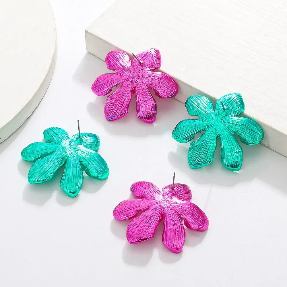 European and American Personality Exaggerated Alloy Flower Barbie Pink Earrings for Wome