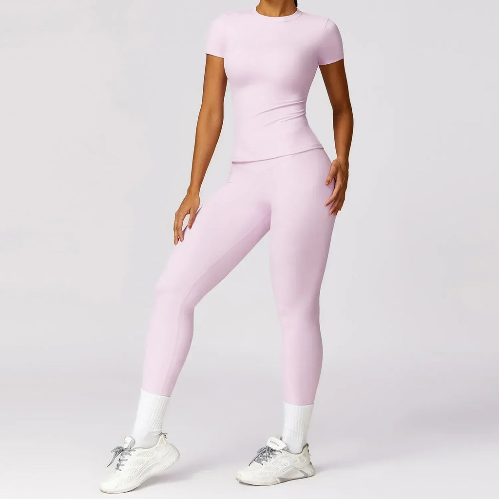 Seamless Yoga Set Women Pink Short Sleeve Top with High Waist Leggings Two Piece Workout Clothes Sports Fitness Gym Sets