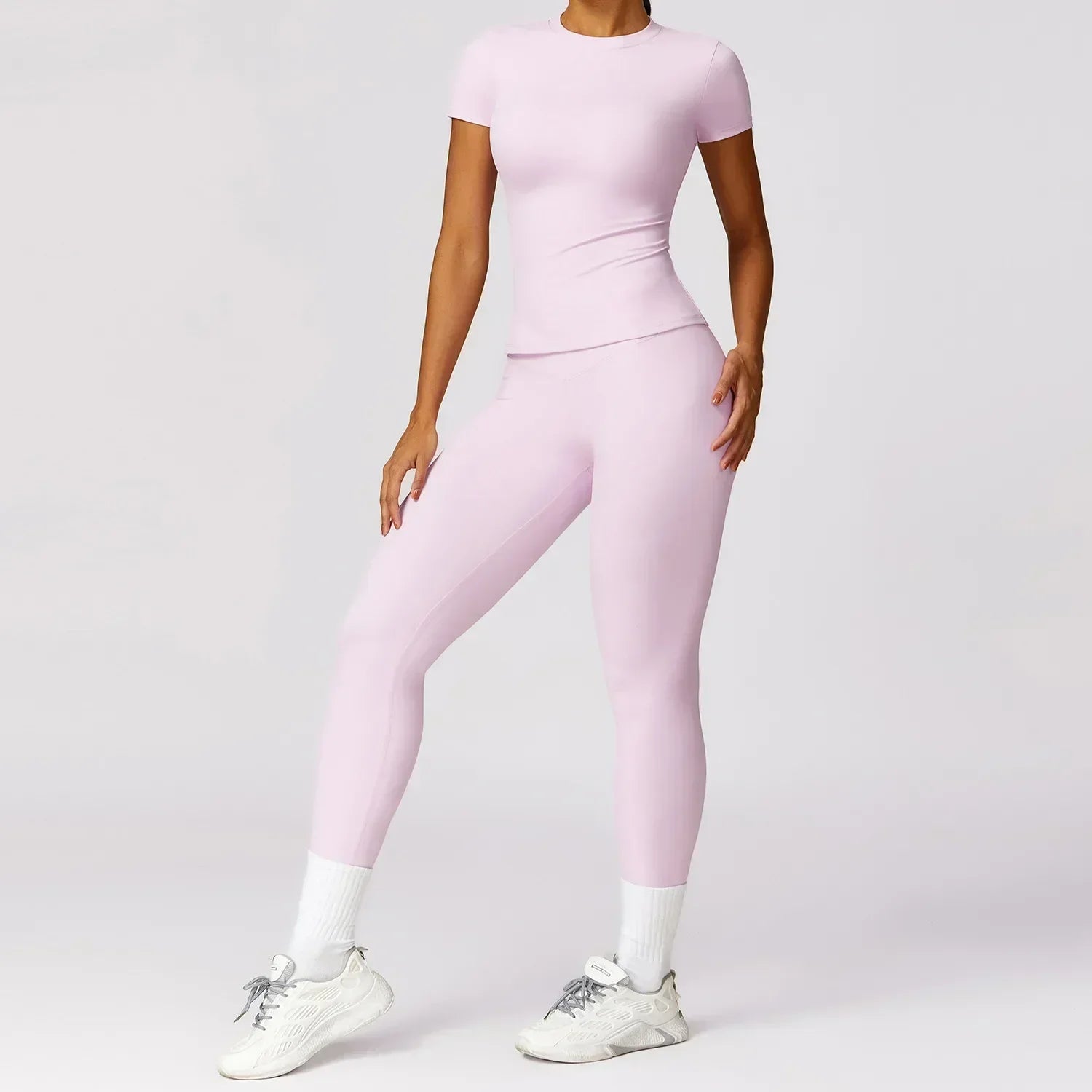Seamless Yoga Set Women Pink Short Sleeve Top with High Waist Leggings Two Piece Workout Clothes Sports Fitness Gym Sets