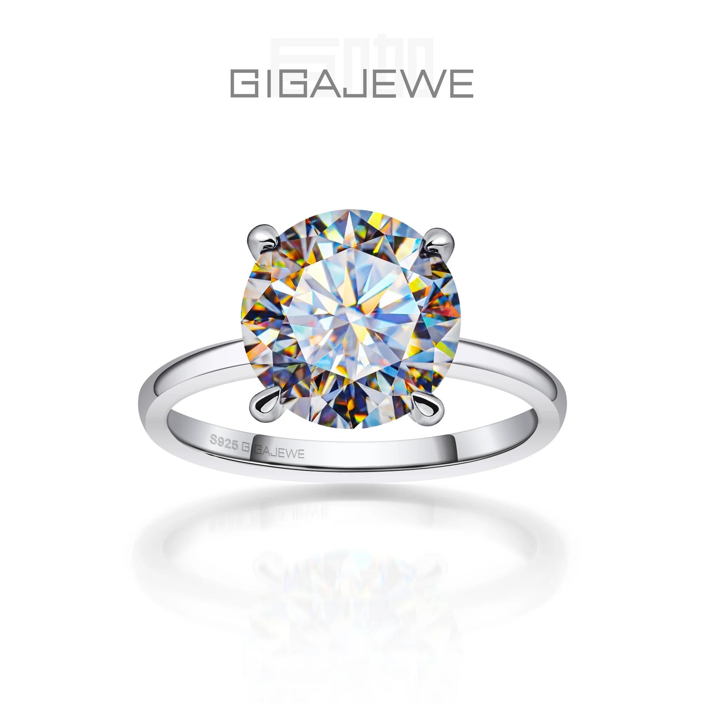 GIGAJEWE BIG 4.0ct Moissanite Super Shiny Round Cut Simplic 18K Plating Silver Ring Diamond Test Passed Fashion Woman Girl Gift