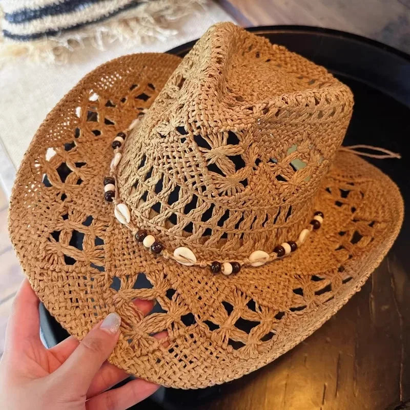 Summer with Shell Beach Hat Women Western Cowboy Hat Wide Brim Sunscreen Sun Hats for Outdoor Breathable Hand-Woven Straw Panama