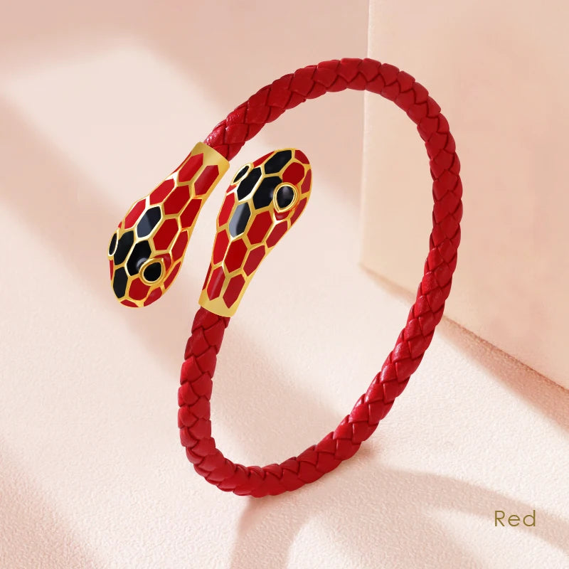 Double Snake Head Cuff Bangles Braided Leather