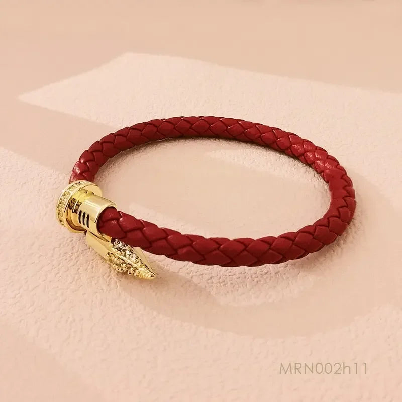 MOONLIGHT Genuine Braided Leather Bracelet for Woman High Quality Classic Cubic Zirconia Nail Bracelet Female Jewelry Gifts