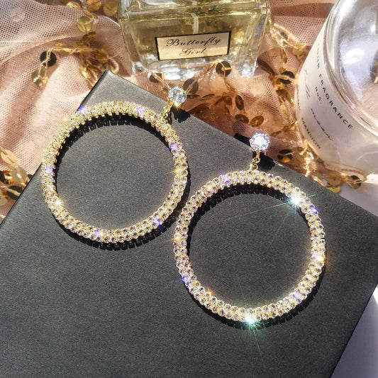 Luxury Crystal Rhinestone Long Tassel clip Earrings for Women Bridal Non Pierced Dangling circle Earrings Party Wedding Jewelry LUXLIFE BRANDS