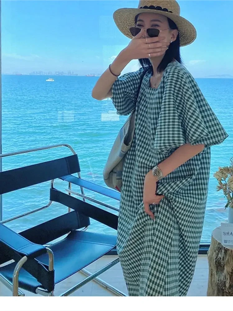 Fashion Square Neck Plaid Puff Sleeve Loose Casual Dress Summer Women Korean Ladies Chic 2023 New Dresses Elegant Woman Dress